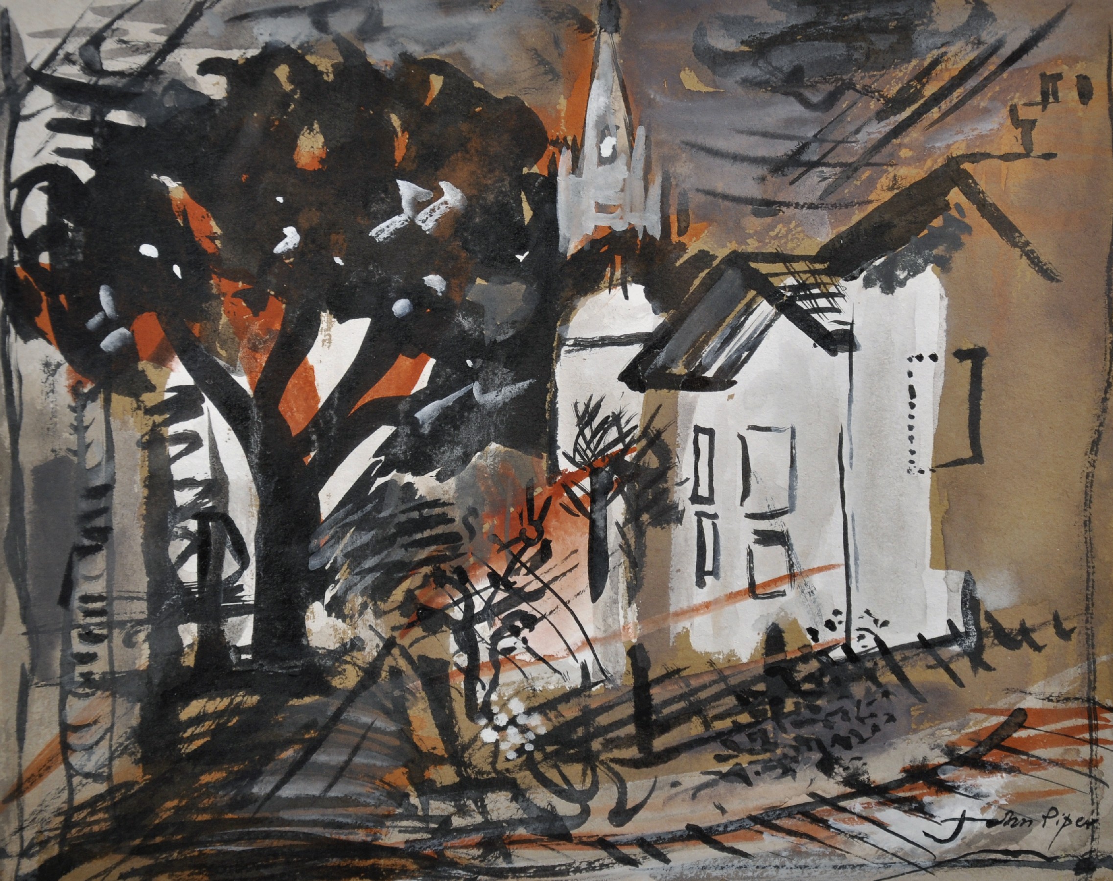 John Piper (1903-1992) British. A Village Street Scene in France, with a Church in the distance,