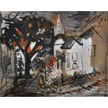 John Piper (1903-1992) British. A Village Street Scene in France, with a Church in the distance,