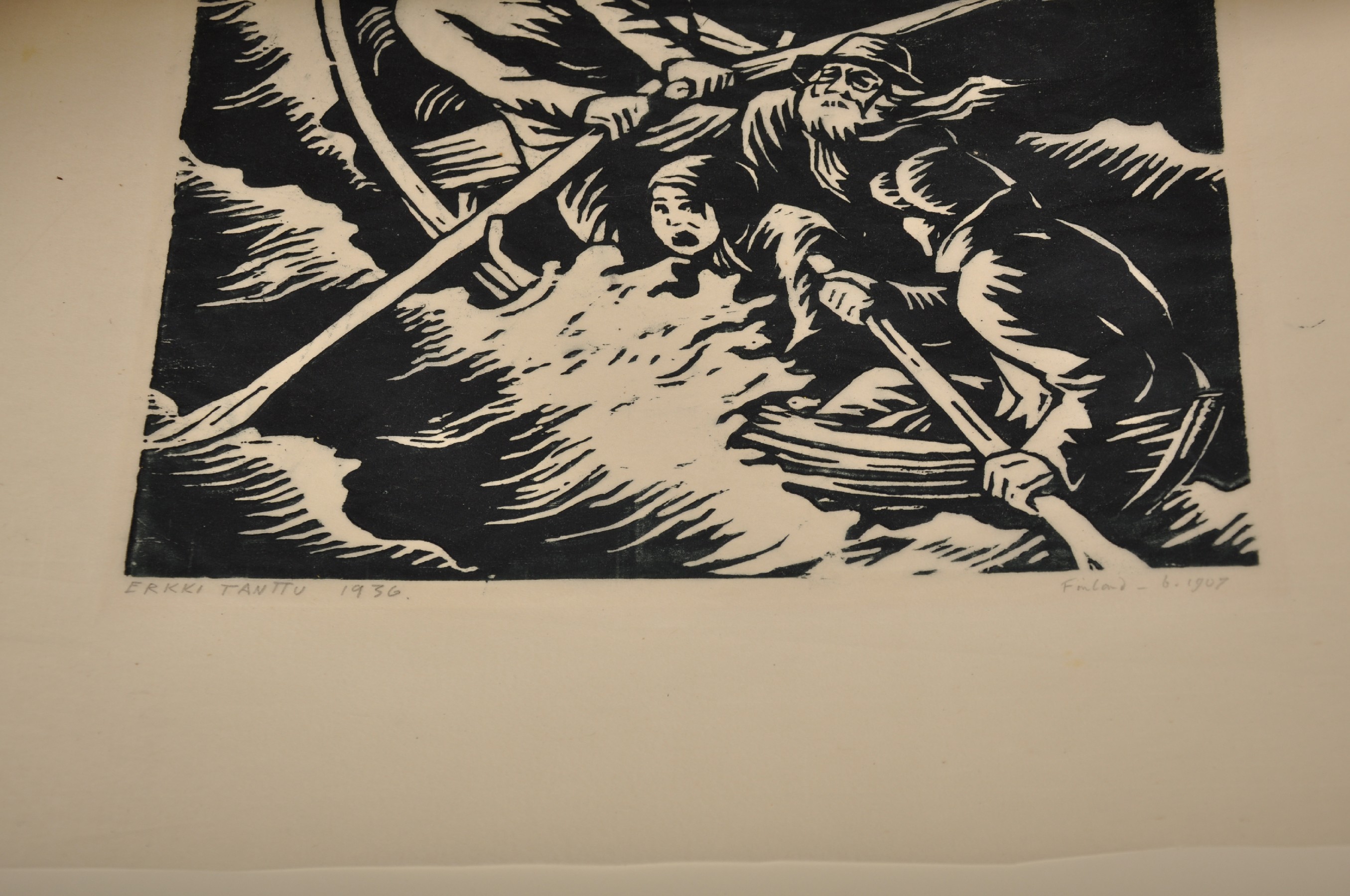 Erkki Tanttu (1907-1985) Finnish. Figures in a Rowing Boat, in Storm Sea, Woodcut, Signed, Inscribed - Image 3 of 3