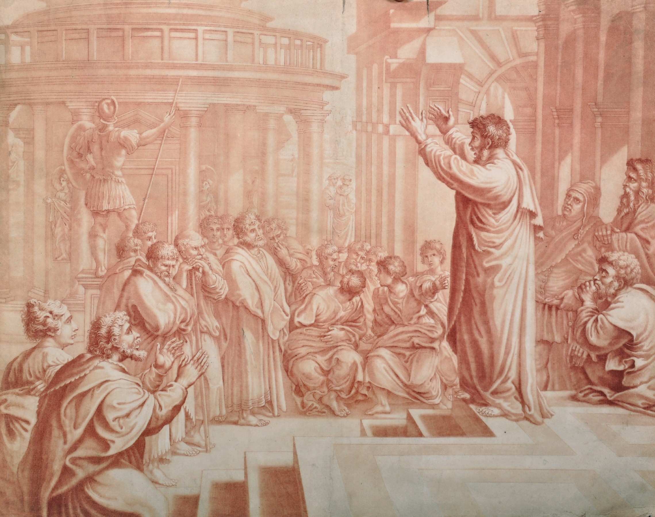 19th Century Italian School. A Figure in Robes talking to the Masses outside a Classical Italian