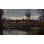 Henry George Moon (1857-1905) British. A River Landscape, with Cottages in the distance, Oil on