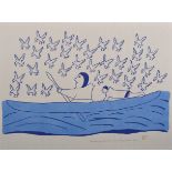 20th Century Canadian School. "Gulls Follow the Fisherman", with Innuits in a Boat, Lithograph,