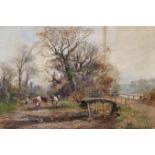 Henry Charles Fox (1855/60-1929) British. Cattle and a Figure on a Path by a Wooden Bridge by a