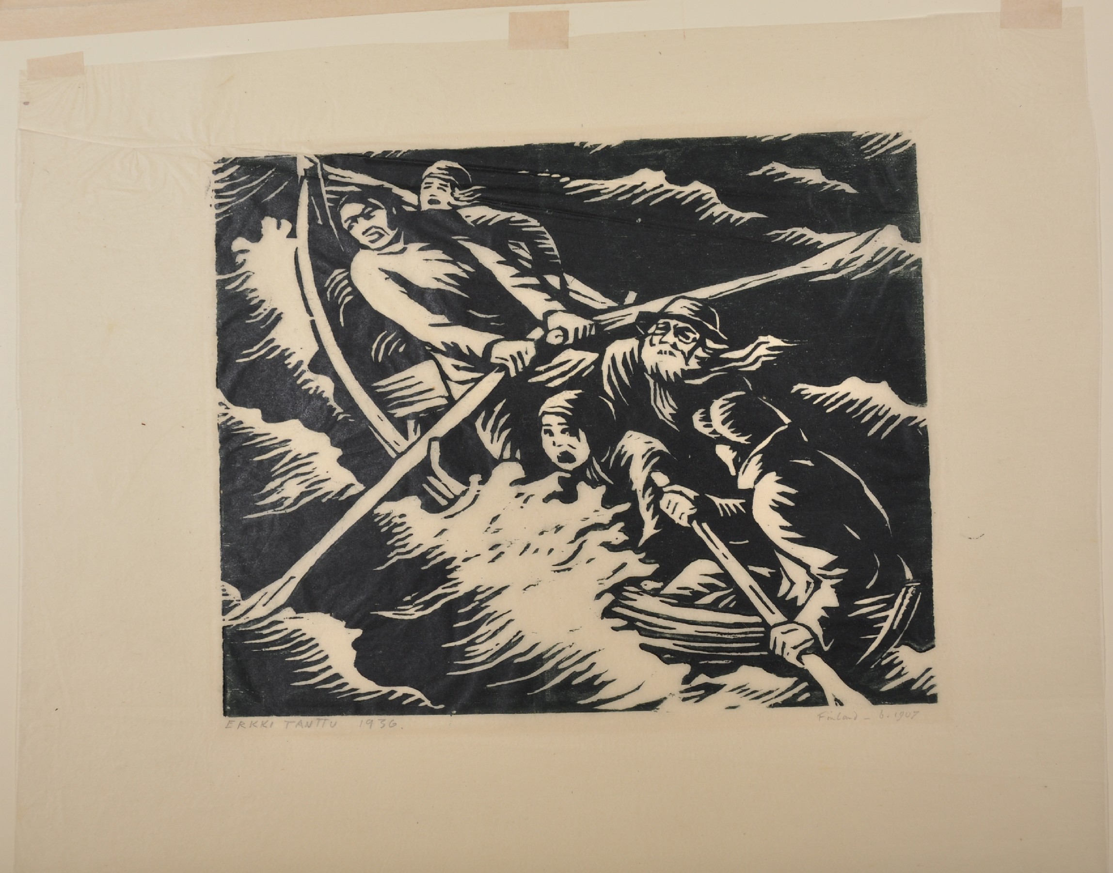 Erkki Tanttu (1907-1985) Finnish. Figures in a Rowing Boat, in Storm Sea, Woodcut, Signed, Inscribed - Image 2 of 3