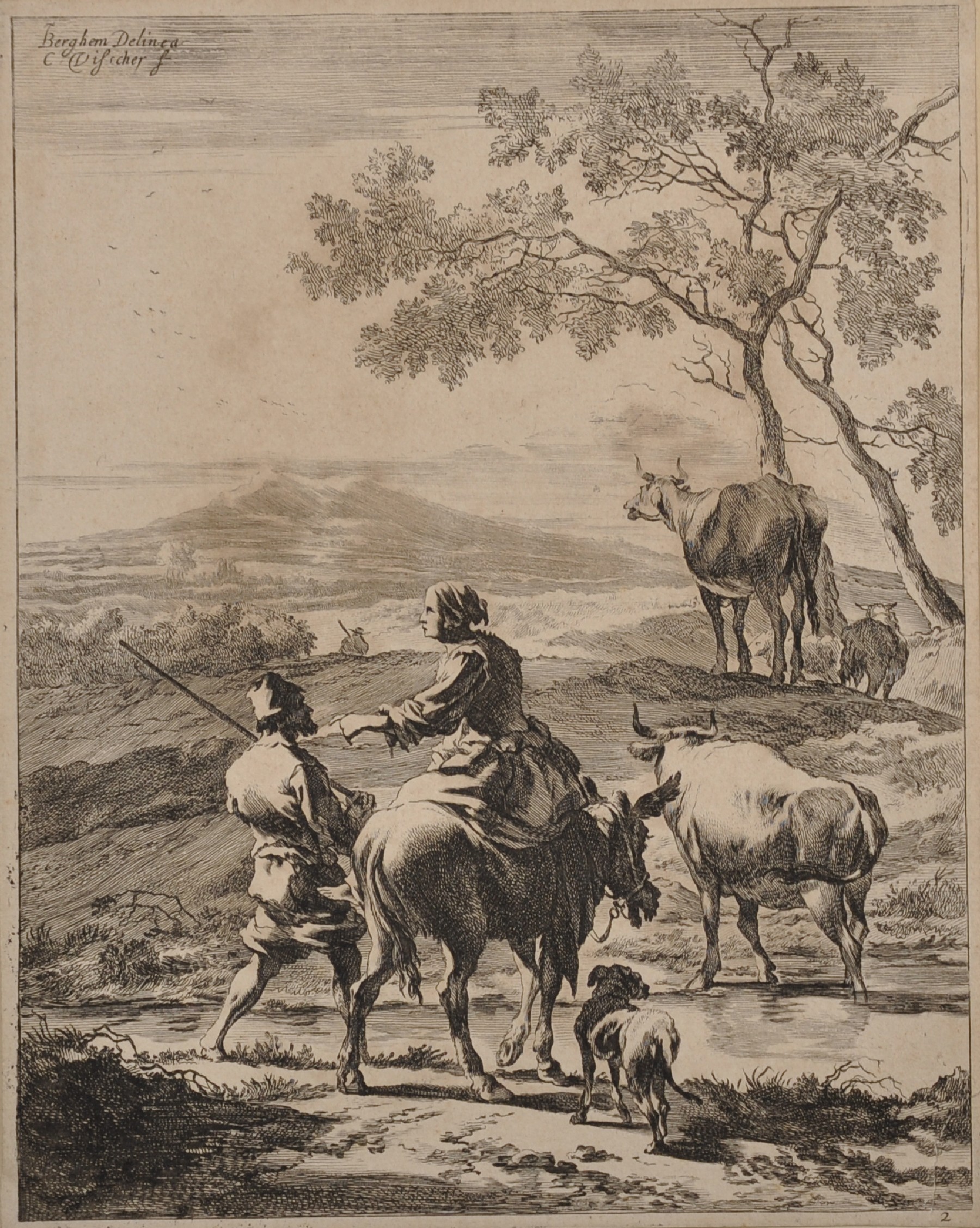 After Nicholas Berghem (1620-1683) Dutch. Figures on a Path, Engraving, Unframed, 10.25" x 8",