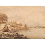 Lamey (Early 19th Century) German. A River Landscape, with a Figure in a Boat, Sepia, Signed and