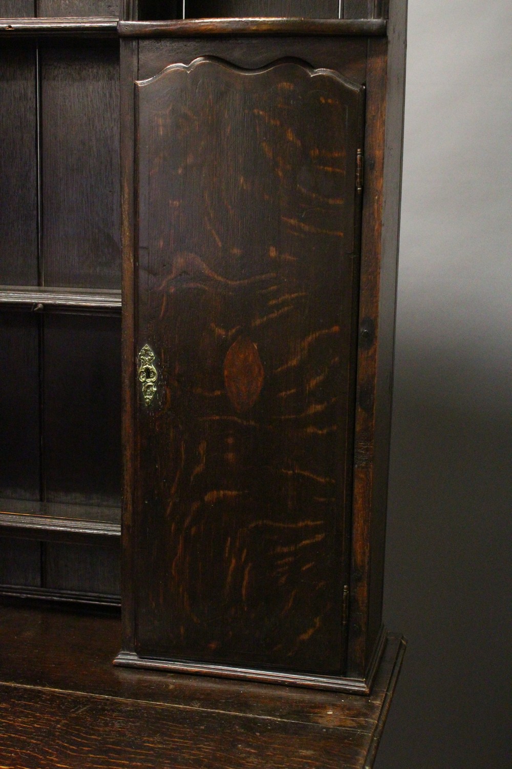 AN 18TH CENTURY OAK DRESSER, the upper section with three shelves and two cupboard doors, fitted - Image 6 of 14