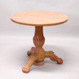 A CLASSICAL STYLE PINK VARIEGATED MARBLE CIRCULAR TRIPOD TABLE, with a carved baluster column, three
