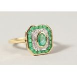 A 9CT GOLD, EMERALD AND DIAMOND ART DECO STYLE RING.