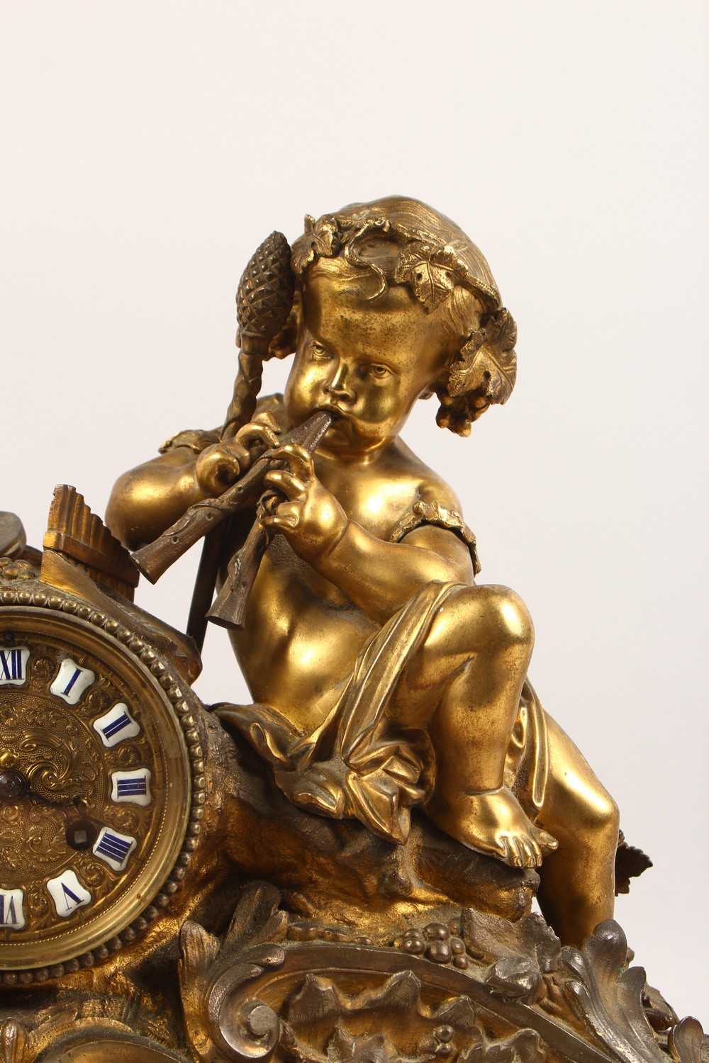 A 19TH CENTURY FRENCH ORMOLU MANTLE CLOCK, with eight-day movement striking on a bell, enamelled - Image 3 of 14