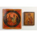 A 17TH CENTURY RUSSIAN ICON, on panel, 6.5ins x 6ins (AF); and another, 4.5ins x 3.5ins (2).