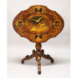 A LATE 19TH CENTURY BLACK FOREST INLAID WALNUT TRIPOD TABLE, the shaped top inlaid with mountain