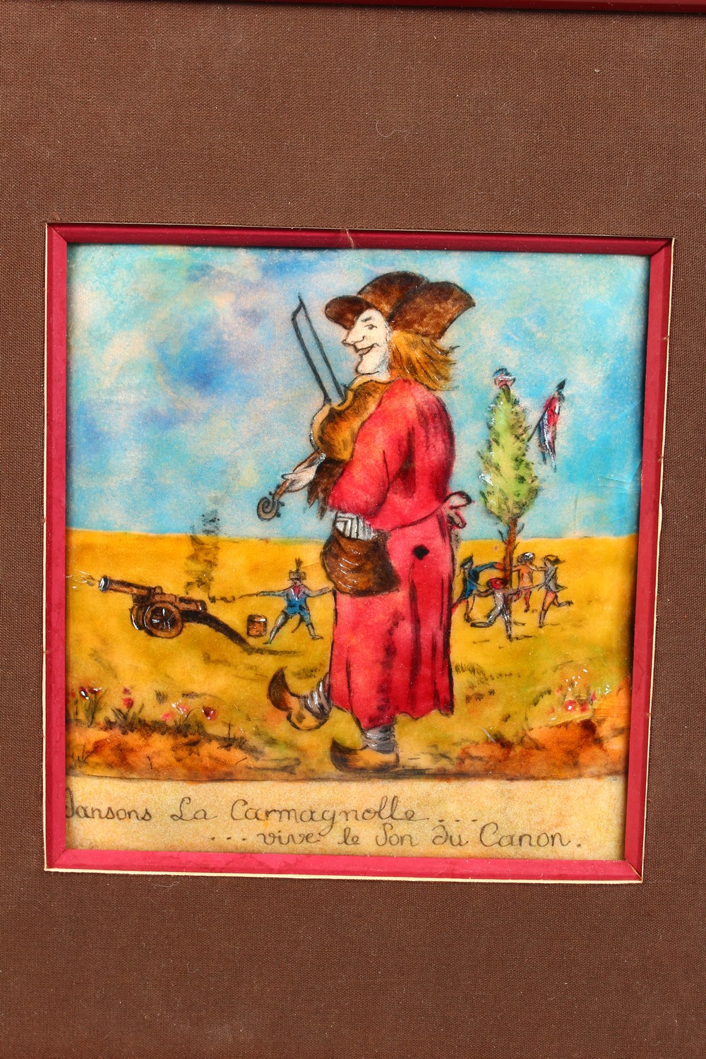 A FRENCH ENAMEL PLAQUE, depicting a man playing a violin. Plaque: 6ins x 6ins. - Image 2 of 4