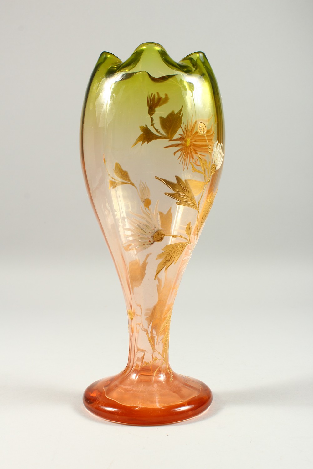 A WEBB'S TYPE BUD SHAPED PEDESTAL VASE, enamel and gilt decorated with flowers. 11.75ins high. - Image 5 of 7