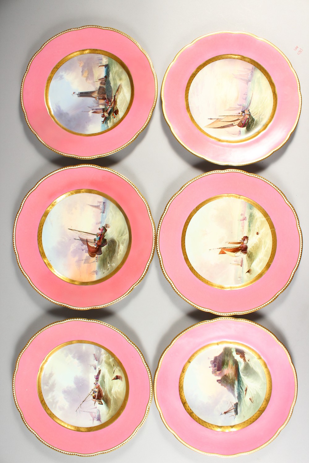 A SUPERB COPELAND DESSERT SERVICE with pink border and painted with shipping and coastal scenes, - Image 4 of 11