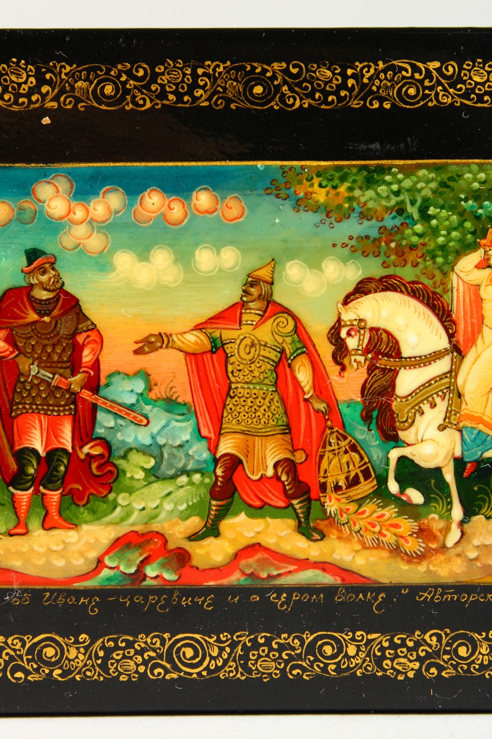 A RUSSIAN BLACK PAPIER MACHE BOX, "Knight and Lady on Horseback", in original cardboard box. 4. - Image 5 of 14