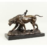 A BRONZE MODEL OF A TETHERED DOG, on a rectangular marble base. 14ins long.