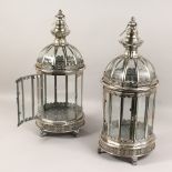 A PAIR OF SILVERED METAL HANGING LANTERNS. 24ins high.