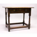 AN 18TH CENTURY OAK SIDE TABLE, with plain three plank top, single frieze drawer with brass handles,