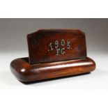 A LARGE WOODEN TABLE SNUFF BOX, studded brass inlaid date and initials 1905 FG. 10ins wide.