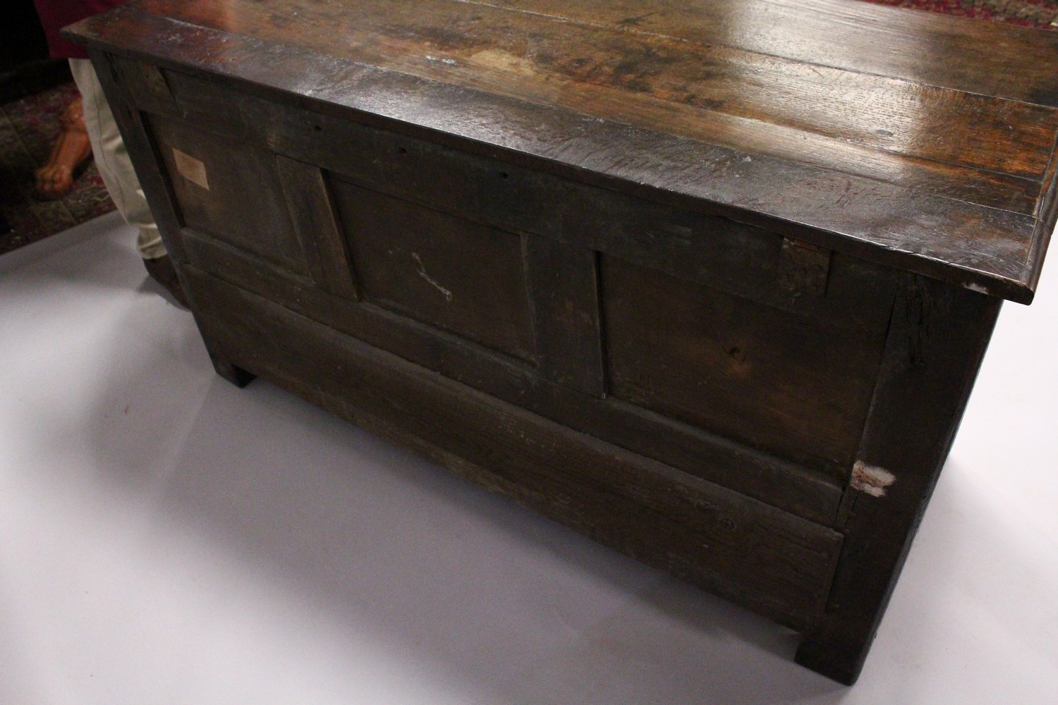 AN 18TH CENTURY OAK COFFER BACH, with rising top, panelled front and two drawers, on stile feet. 4ft - Image 10 of 10