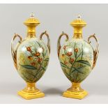 A PAIR OF SEVRES STYLE TWIN-HANDLED PEDESTAL VASES AND COVERS, decorated with flowers. 14ins high.