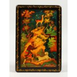 A RUSSIAN BLACK PAPIER MACHE BOX, "Deer Hunting". 6ins x 4ins.