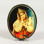 A RUSSIAN BLACK PAPIER MACHE OVAL BOX, "Princess", in original cardboard box. 4.5ins x 3.5ins.