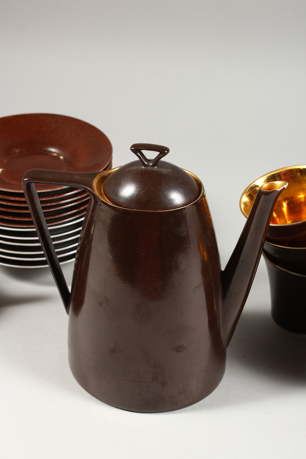 A LIMOGES PORCELAIN PART COFFEE SERVICE, brown glazed, comprising coffee pot, sucrier, eight cups - Image 4 of 15