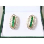 A GOOD PAIR OF 9CT GOLD, EMERALD AND DIAMOND DECO STYLE EARRINGS.