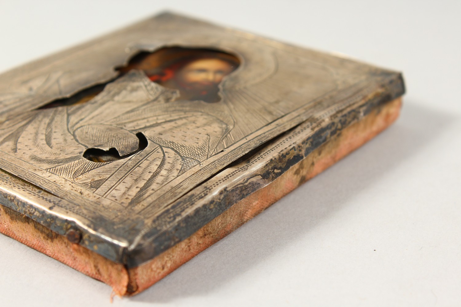 A SMALL 18TH CENTURY RUSSIAN ICON, with silver cover. Maker: B.C. 1875 (AF). 3.5ins x 3ins. - Image 8 of 11