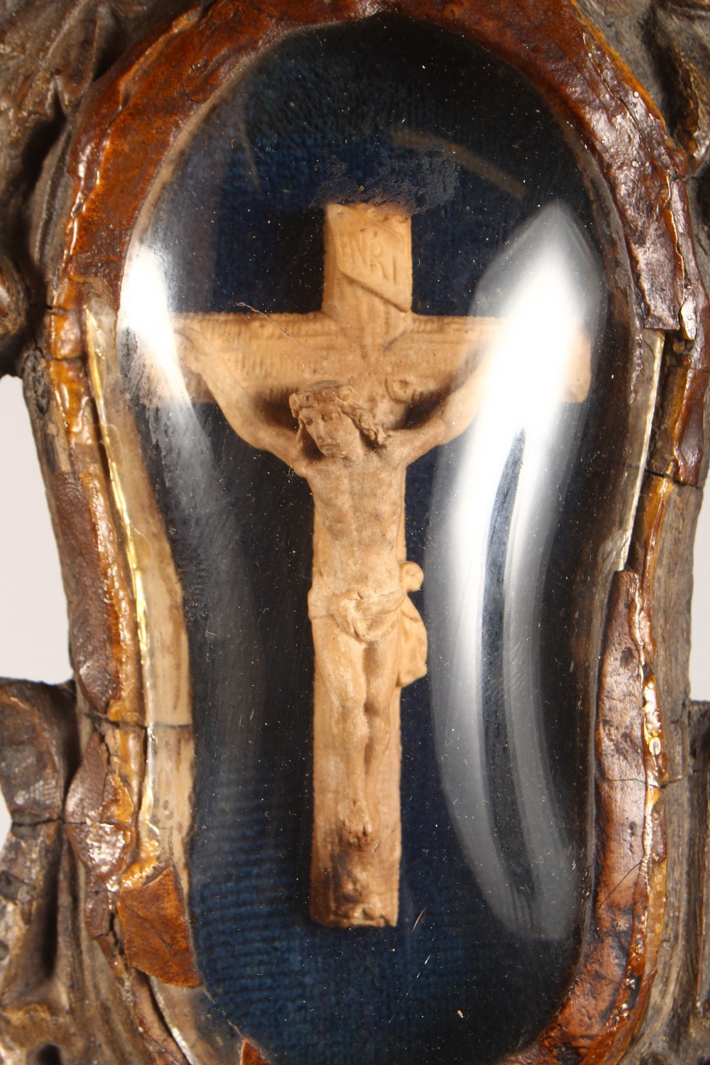 A SMALL 19TH CENTURY CARVED WOOD CORPUS CHRISTI, in a glazed, carved wood frame. 10ins high. - Image 2 of 11