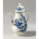 A CAUGHLEY BLUE AND WHITE COFFEE POT AND COVER, with three scenes all having a zigzag fence, no