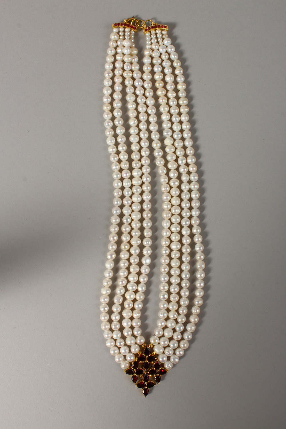 A FOUR ROW PEARL, SILVER AND GOLD PLATED NECKLACE. - Image 4 of 6