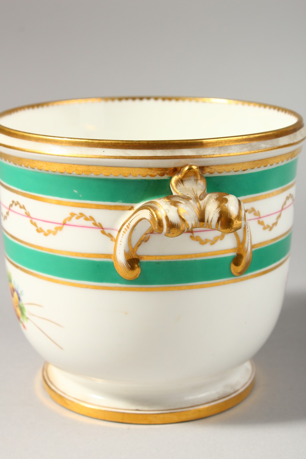 A MINTON CACHE POT, painted with Sevres style flowers under green bands and gilt swags around a - Image 3 of 8