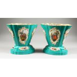 A GOOD PAIR OF MEISSEN VASES ON STANDS, of flattened oval shape, painted with panels of flowers