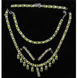A GOOD SILVER, PERIDOT AND CZ NECKLACE, BRACELET AND EARRINGS.