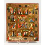 A SUPERB RUSSIAN ICON ON WOOD, 18TH CENTURY, WITH THIRTEEN SCENES. 12ins x 10.5ins.