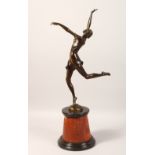 AN ART DECO STYLE BRONZE OF DANCING WOMEN, on a circular marble base. 25ins high.