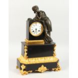A GOOD 19TH CENTURY FRENCH BRONZE AND ORMOLU MOUNTED SLATE MANTLE CLOCK, mounted with a bronze