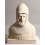 A 20TH CENTURY CARVED STONE BUST OF A CRUSADER, wearing a helmet and chainmail, on a rectangular