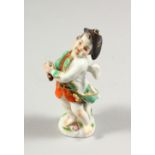 A SMALL MEISSEN FIGURE OF A CHERUB HOLDING A GUN, crossed swords mark to base. 3.5ins high.