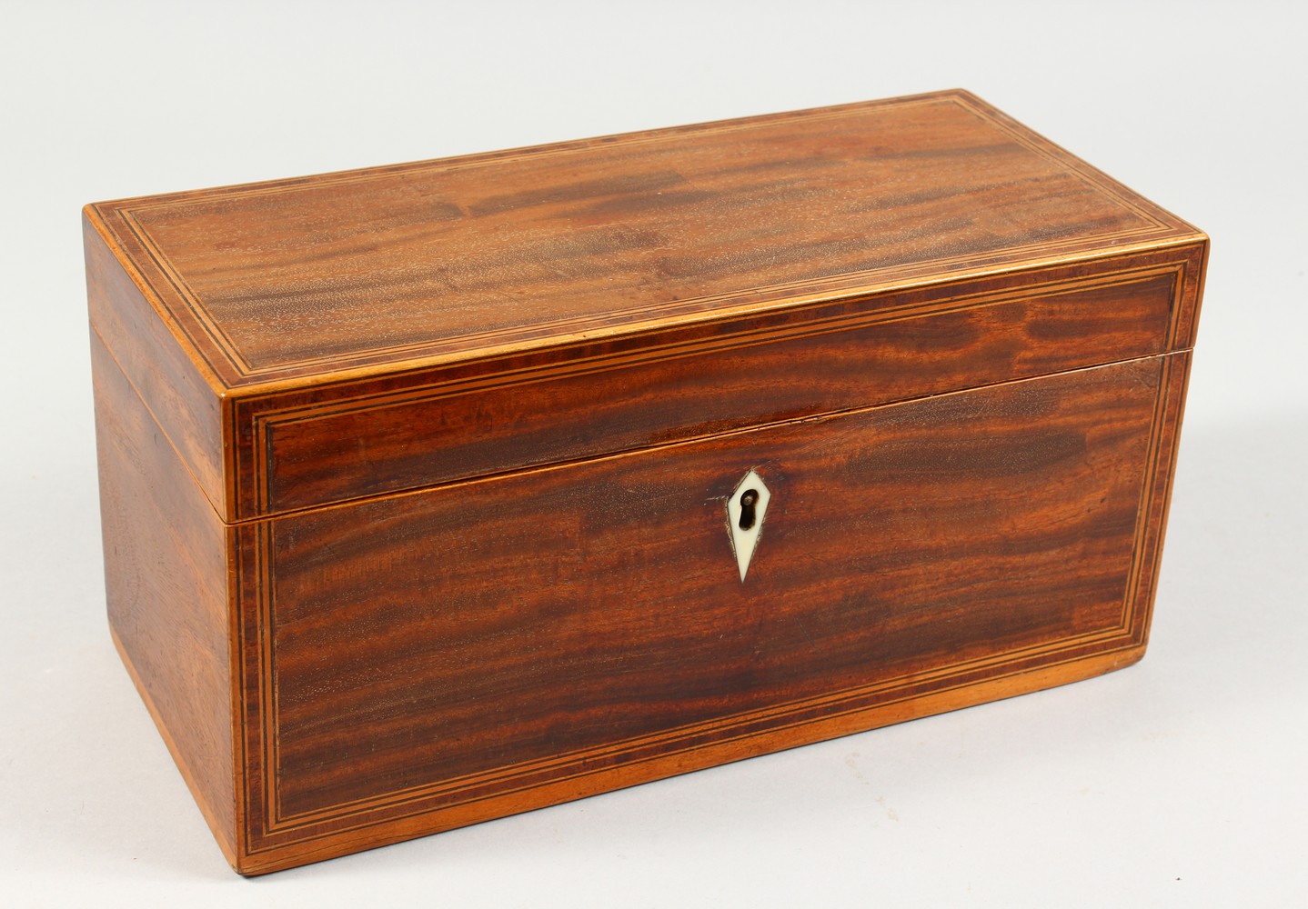 A 19TH CENTURY MAHOGANY RECTANGULAR TEA CADDY. 11.5ins wide.