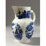 A CAUGHLEY BLUE AND WHITE JUG, of cabbage leaf shape with five scenes on it, Sx mark.