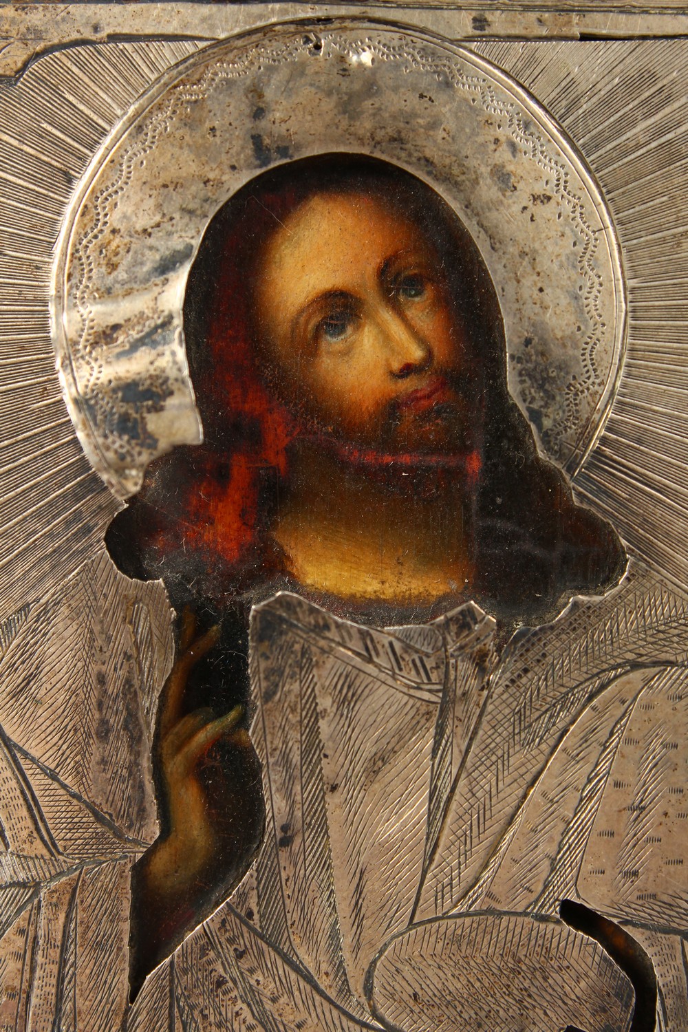 A SMALL 18TH CENTURY RUSSIAN ICON, with silver cover. Maker: B.C. 1875 (AF). 3.5ins x 3ins. - Image 3 of 11