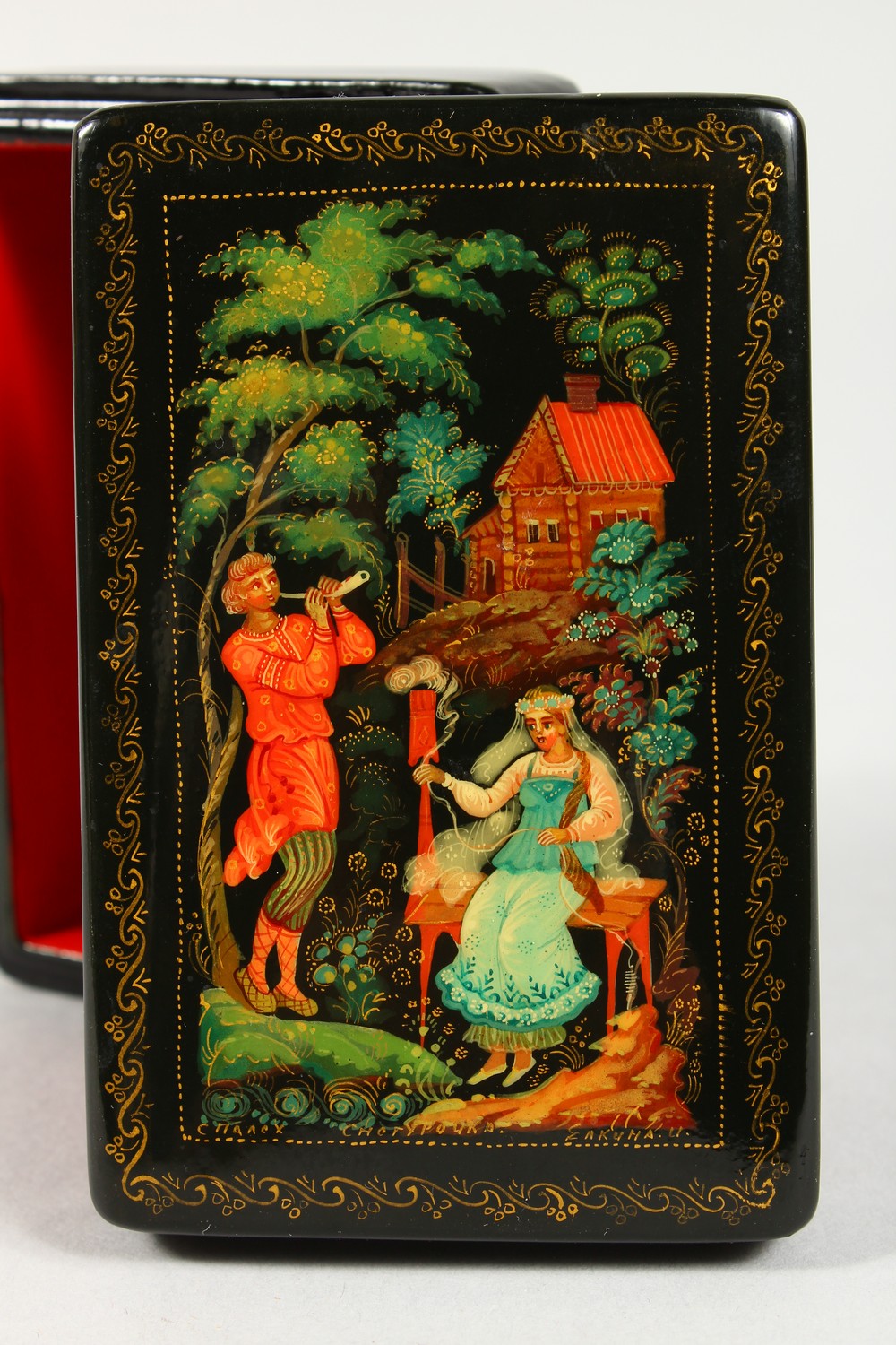 A RUSSIAN BLACK PAPIER MACHE BOX, "Shepherd and Shepherdess", in original cardboard box. 3.5ins x - Image 2 of 8