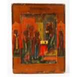 AN EARLY 18TH CENTURY RUSSIAN ICON, on panel. 6.5ins x 5ins.