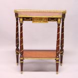 A FRENCH STYLE MAHOGANY AND ORMOLU TWO-TIER CONSOLE TABLE. 2ft 4ins wide x 2ft 9ins high x 1ft