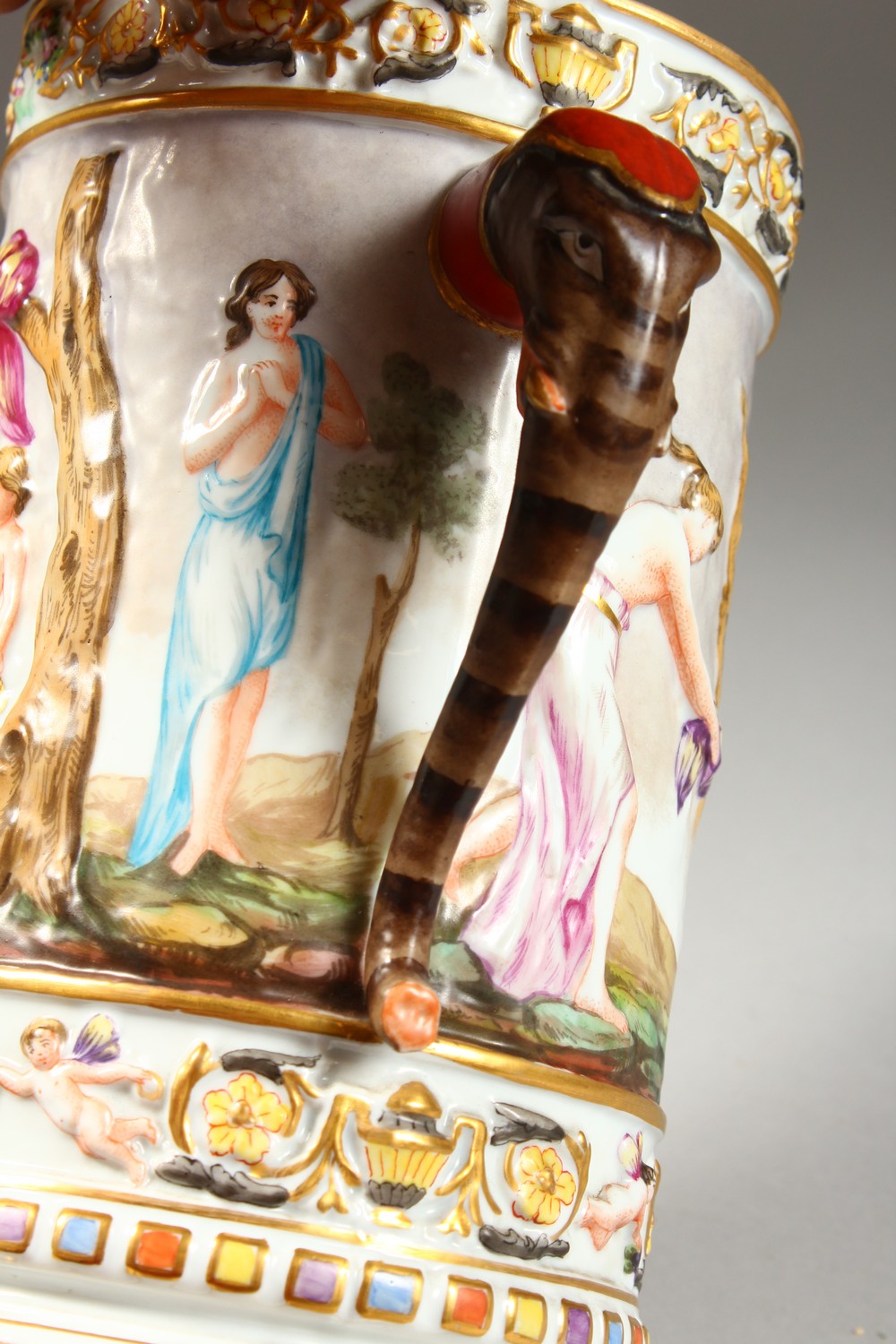 A LARGE CAPODIMONTE TANKARD AND COVER, with classical figures in relief. Mark in blue. 12.5ins - Image 4 of 8