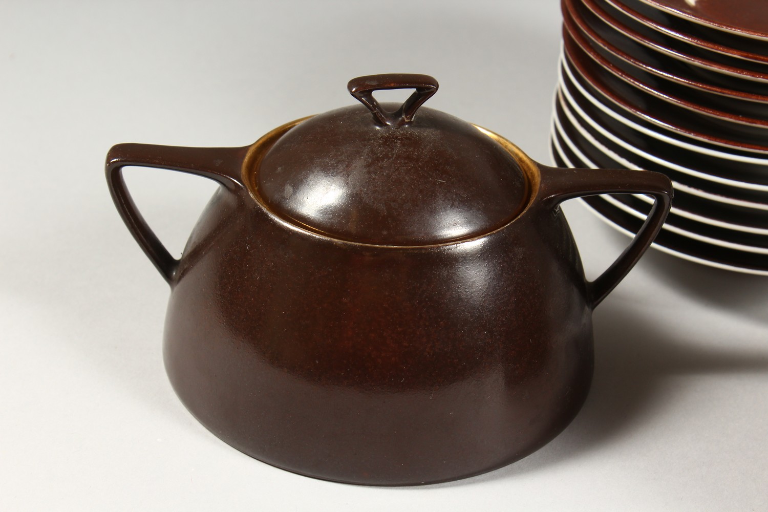 A LIMOGES PORCELAIN PART COFFEE SERVICE, brown glazed, comprising coffee pot, sucrier, eight cups - Image 6 of 15